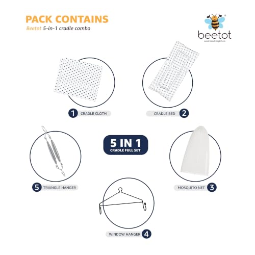Image of Premium Swing Cradle Set | Cradle Cloth, Padded Bed, Mosquito Net, Heavy-Duty Spring & Triangle Hanger | Up to 15 kg | Light Navy Dot