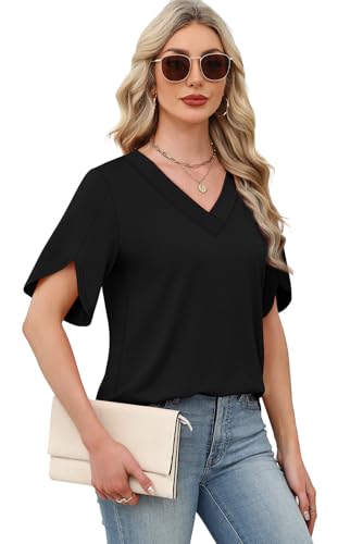Image of WIHOLL Womens Summer Tops Short Petal Sleeve Shirts Fashion V Neck Womens Clothing