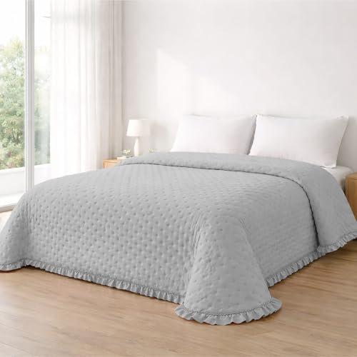 Liniva Home - Colcha Bouti Lavada Termosellada con Volante, SIN Cojines, Ligera para Verano y Entretiempo, 100% Microfibra, Tacto Extra Suave - Modelo Puntitos Elba (Elba - Gris Claro, Cama 180cm)