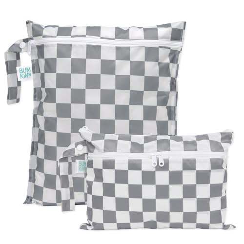 Image of Bumkins - Waterproof Wet Bag & Wet/Dry Clutch Bags - For Beach, Baby, Travel, Swim Suit, Cloth Diapers, Pump Parts, Pool, Gym, Toiletries - Reusable & Easy to Clean - Gray Check - 2 Pack