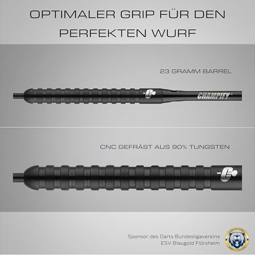 Champify NEU 90% Tungsten Darts Set “Blackbird” mit 23g Barrel und schwarzer Darttasche | 3 Steeldarts mit 9 Alu-Schäften & 9 Flights| Dart Set mit Zubehör | Dartpfeile mit Metallspitze