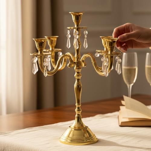 Image of Premium 16 Inch Golden Aluminum 5-Arm Candle Stand with Crystal Hangings | Luxury Centerpiece for Home Decor, Weddings, Festive Decoration & Dining Table