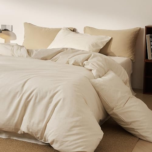 Image of mixinni 3 Piece Washed Cotton Linen Blend Duvet Cover Set King Size, Soft Breathable Farmhouse Beige Neutral Solid Duvet Cover with Natural Linen Texture, 104x90 inches with 2 Pillowcases