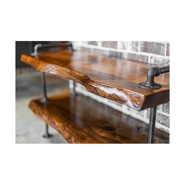 Handcrafted southern rustic logwerks industrial pipe live edge entertainment center steampunk tv stand with live edge wood honey pine  urban country home decor