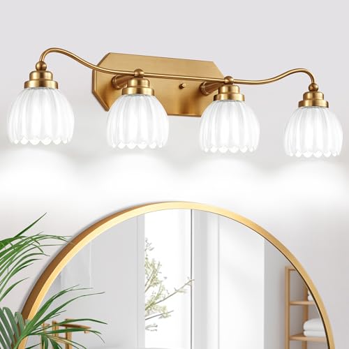 Image of Vintage Bathroom Light Fixtures, Gold Bathroom Vanity Light, Matte Antique Brass Finish with Crystal Glass Shade, Wall Sconces Lighting for Bedroom, Living Room, Hallway (Milk White, 4-Light)