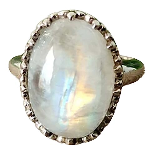 Pure 925 Sterling Silver Moonstone Cabochon Oval Gemstone Unique June Birthstone Statement Solitaire Ring For Women/Girls #TOP20