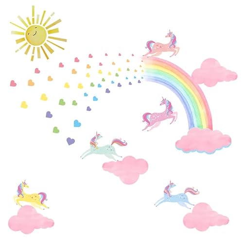 Chenkaiyang 155 Pcs Large Rainbow Unicorn Wall Decals Stickers For Girls Bedroom, Unicorn Clouds Heart Watercolor Wall Decals Art Stickers Peel Stick Girls Kid Toddler Nursery #TOP6
