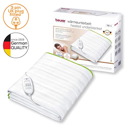 Image of Beurer fleece TS15 Ecologic+ Heated Underblanket|Single Electric Blanket with Elastic Straps for a Non-Slip fit it to Your Mattress|Machine Washable|Soft and Breathable|Size 152x72cm| TC - 100