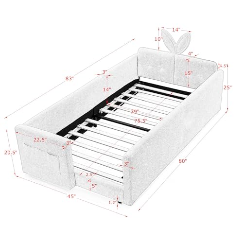 Image of KEIKI Twin Size Upholstered Platform Bed Frame with Guardrail, Slats, Camel | Boucle Platform Bed with Cute Rabbit Ear Shaped Headboard, Pocket, for Boys and Girls, No Box Spring Required, Easy Assembly