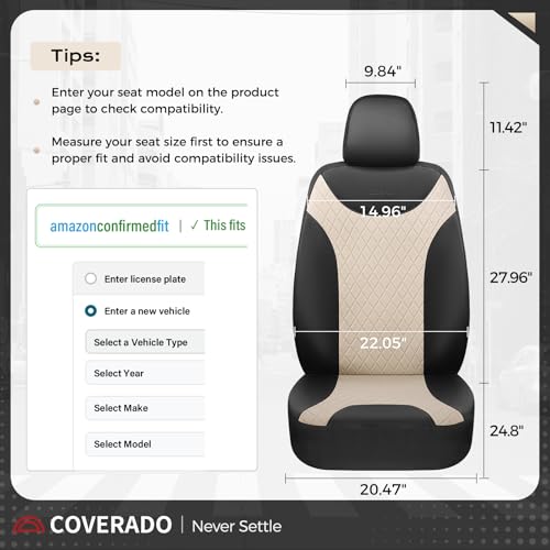 Image of Coverado Front Seat Covers, 2 Seats Universal Seat Covers for Cars, Leather & Fabric Splicing Design Car Seat Protectors, Waterproof Car Seat Cushions Universal Fit for Vehicles, Black & Beige