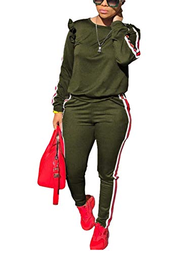 Women's 2 Piece Tracksuit Reffle Sleeve Sweatshirt Pullover Top and Side Striped Pants Set Army Green 2XL