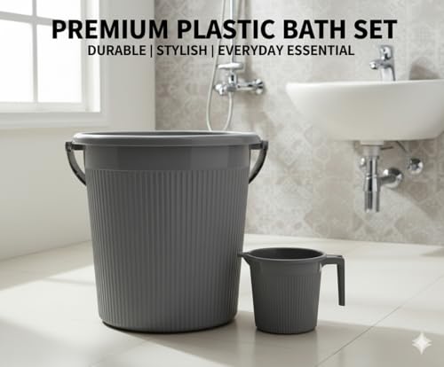 Image of MODWARE Plastic Bucket Set with Mug, 25L Bucket with 1.5L Mug, Polypropylene, Round Shape, (Grey, 25 L)