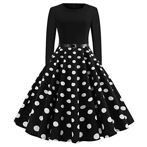 Vestido Retro de los Años 50 para Mujer - AnnSemo - Negro - Lunares - Ajustado - Cuello Redondo - Midi - Versátil - Formal, Casual