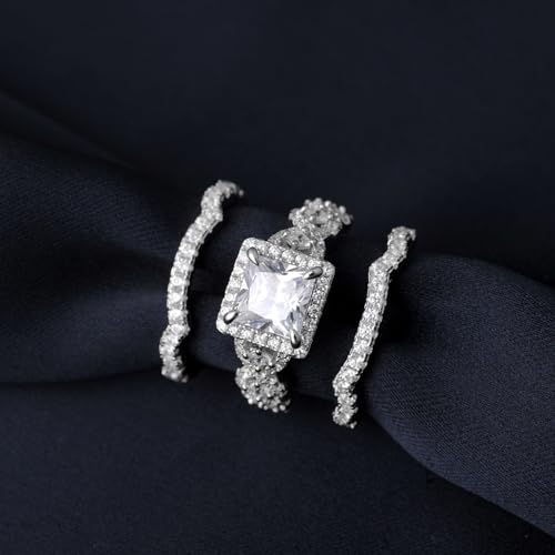 Princess Cut Cubic Zirconia Halo Promise Engagement Ring For Women in 925 Sterling Silver, Simulated Diamond 14k White Gold Plated CZ Stackable Rings For Her, Wedding Band Bridal Ring Set3