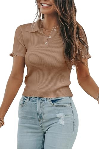 Image of Womens Short Sleeve Sweater Tops V Neck Button Collared Ribbed Knit Pullover Shirt Slim Cropped Fall Blouse Tee