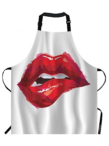EKOBLA Lips Aprons Lipstick Sexy Biting Lips Woman Valentine Romantic Love Waterproof Resistant Chef Cooking Kitchen BBQ Adjustable Aprons for Women Men 27x31 Inch