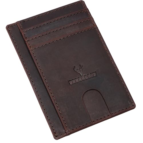 URBAN CREW Slim Leather Wallet for Men – RFID Blocking Minimalist Front Pocket Card Holder with Money Slot – Vintage Look (Dark Brown)