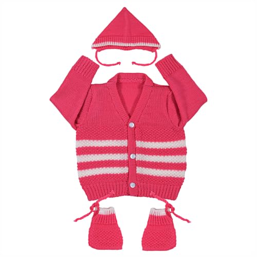 Image of Woolen Baby Sweater | Warm Knitted Winter Wear for Infant & Toddler | Soft Full Sleeve Cardigan for Baby Boys and Girls(Rani, 6 to 12 Months) 3 Pcs Set