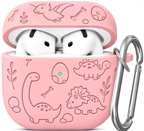 Image of Emoh Roced Case for Airpod 4 with Keychain,Silicone Dinosaur Engraved Cases Compatible with Apple AirPods 4th Generation 2024, Anti-Scratch, Protective Case Cover (Pink, for AirPods 4)