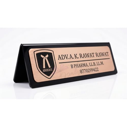 Image of Acrylic Laser Engraved Table Sign Stand, Laser Engraved Sign or Name Plate for Doctor, Teacher, Advocate, Medical, Proprotor office or personal use with Warm White Light (Black with Gold Name Plate)