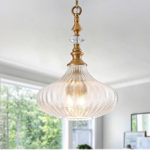 rosysky 3-Light Chandelier,Vintage Gold Farmhouse Pendant Light Fixture for Kitchen,Adjustable Hanging Lighting with Clear Glass Shade for Hallway Bedroom Entryway Dining Room Island
