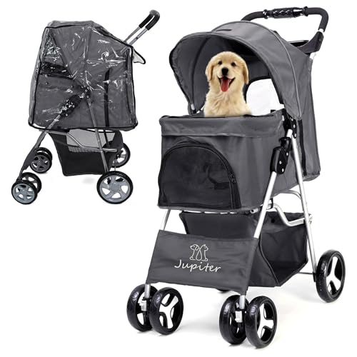 JupiterJX Dog Stroller with Rain Cover, Pet Pram for Small Medium Dogs, Dog Buggy with Storage Basket Cup Holder, Cats Dogs Pushchair, Foldable Pet Pram for Cats Puppies (Grey)