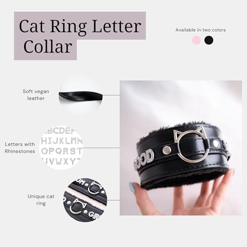 Handmade Collar Choker Necklace for Women – Cat Ear O-Ring Punk Goth Letter Choker,Black/Pink Furry Alt Fashion Jewelry2