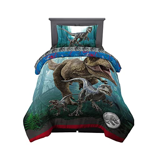 Franco Jurassic World Dominion - Edredón Reversible de Microfibra súper Suave con Velociraptor Azul y Rexy T-Rex, tamaño Individual, Ropa de Cama para niños