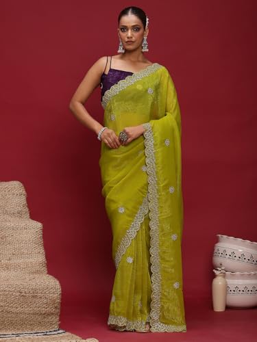 Image of AKHILAM Women's Tissue Embellished Saree With Unstitched Blouse Piece (RANI4701 RN Parent)