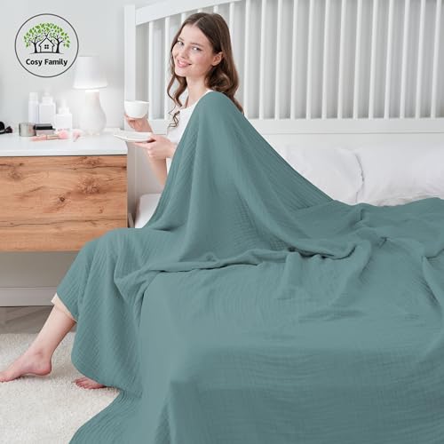 Image of Cosy Family 4 Layer Muslin Bed Blanket - Breathable and Lightweight Gauze Boho Blanket for Spring, Soft 100% Cotton Muslin Blanket, Green, 55x80 Inches