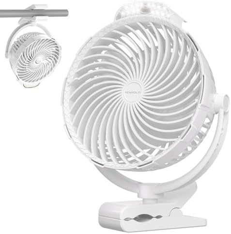 10000mAh Clip on Fan, 8-Inch Golf Cart Fan Rechargeable with LED Light, 9 Speeds Strong Airflow, Ultra Quiet, 30Hrs Runtime, 360° Rotation, Cooling for Bed Camping Office Desk Dorm, White