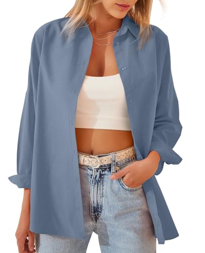 MINTLIMIT Womens Blouses Casual Long Sleeve Button Down Shirt Oversized Cotton Work Office Blouses Top 2024, Indigo Blue