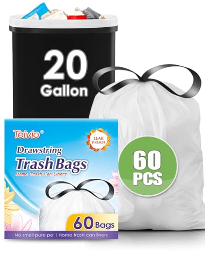 Image of Teivio 20 Gallon 60 Counts (fit 18-20 Gal) Large Drawstring Trash Bags Strong Tall Kitchen Compactor Bags Garbage Bags for Home /Office /Light Residential Waste /Outdoor Trash Can, Lawn,Trash Bags White