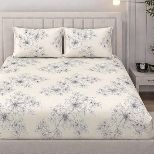 Image of Cotton Feel King Size Flat Bedsheet for Double Bed (90 x 100 Inches | 230 x 250 cm) with 2 Pillow Covers | Soft & Smooth Printed Bedsheet for Daily Use (WhiteFlowers, King Bed-90x100)
