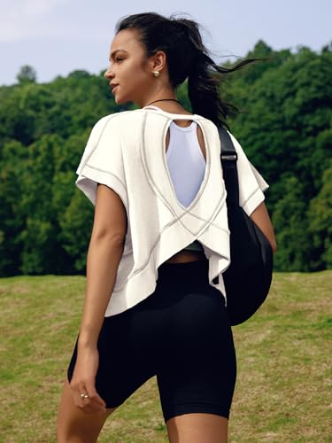Image of SENSERISE Womens Open Back Workout Tops Backless Short Sleeve Athletic Shirt Running Crop Top Gym Yoga Tee