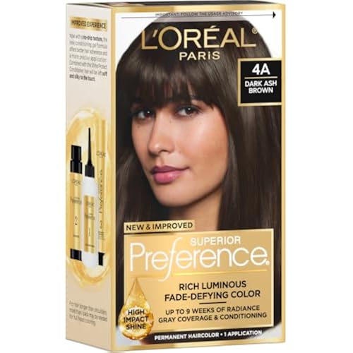 L'Oreal Paris Superior Preference Luminous Fade-Defying Permanent Hair Color, Hair Dye For Up to 9 Weeks of Radiance, Dark Ash Brown 4A, 1 Hair Dye Kit