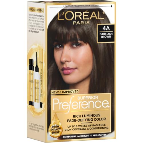 L'Oreal Paris Superior Preference Luminous Fade-Defying Permanent Hair Color, Hair Dye For Up to 9 Weeks of Radiance, Dark Ash Brown 4A, 1 Hair Dye Kit