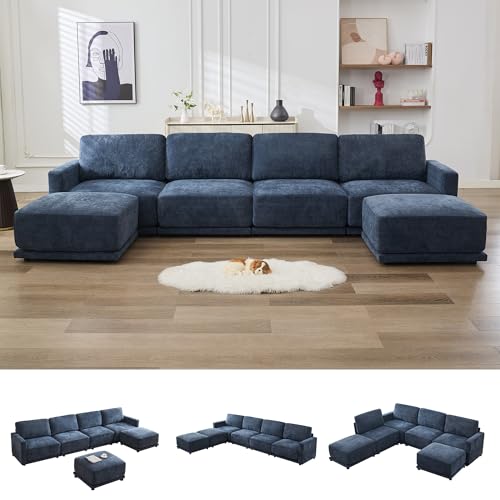 Image of 143.8 inch Modular Sectional Sofa Modern Chenille U Shaped Couch with Thickened Seat Cushions, Easy Assembly, Upholstered 6 Seater Couch with 2 Movable Ottomans for Living Room, Blue