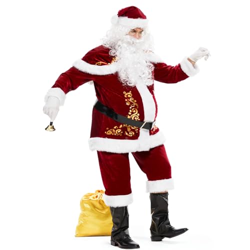 Ulikey Disfraz Papá Noel Hombres, Traje Papá Noel Adultos Conjunto de Disfraz de Papá Noel Hombres con Conjunto Completo de Accesorios de Papá Noel para Navidad, Carnaval (3XL)