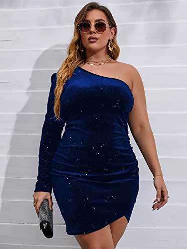 SOLY HUX Women's Plus Size One Shoulder Sexy Bodycon Formal Dress Long Sleeve Ruched Wrap Velvet Party Dress4