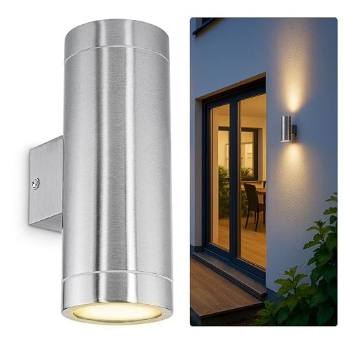 SSC-LUXon LED Wandlampe TIRA Up & Down f&uuml;r 230V - inkl. 2 LED 5W GU10 warmwei&szlig; 230V - Au&szlig;en Wandleuchte Au&szlig;enwandleuchte IP44 Edelstahl