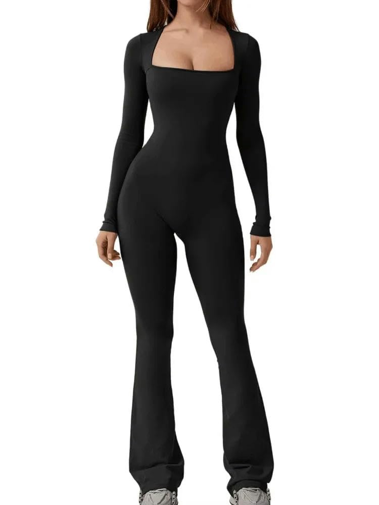 Shapewear Damski kombinezon do jogi z długim rękawem Tummy Control Waist Hip-lifting Square Neck Wide Leg-leg kombinezon