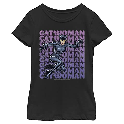DC Comics Kids' Batman Catwoman Name Stack Girls Short Sleeve Tee Shirt