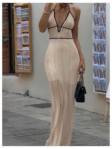 Image of SOLY HUX Women's Tie Backless Maxi Halter Dress Deep V Neck Sleeveless Knit Elegant Dresses