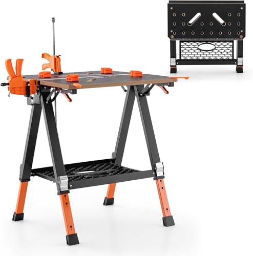 FANTASK Mesa de Trabajo 2 en 1 Plegable hasta 454 kg, Banco de Trabajo con 8 Alturas Ajustables, Superficie de Trabajo y Marco de Metal, Mesa de Trabajo portátil para Garaje Taller