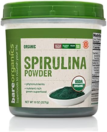 BareOrganics 13132 USDA Organic Raw Spirulina Powder, Whole Food Supplement, Gluten-Free & Non-GMO, 8 Ounce