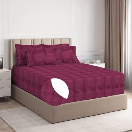 Image of BSB HOME Premium Cotton Elastic Fitted Embossed Linen Bedsheets with 2 King Size Pillow Covers | Double Bed with All Around Elastic 210 TC Supersoft | Size - King Size 78X72+10 Inches, Maroon