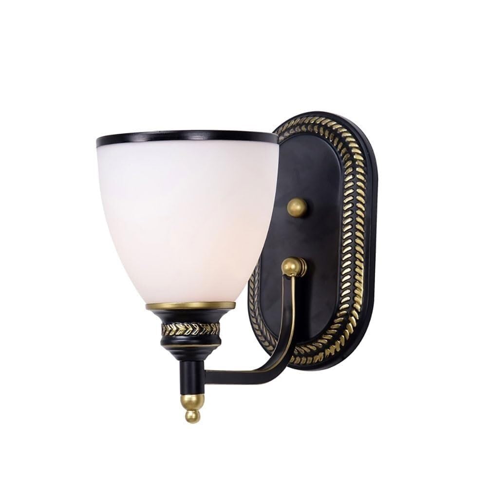 KBUUKYYXouy Black Retro Wall Light Hardwired with White Frosted Glass Shade, Vintage Bathroom Lamp, Modern Bathroom Fixture, 1 Light E27, Metal Wall Sconce for Bedroom