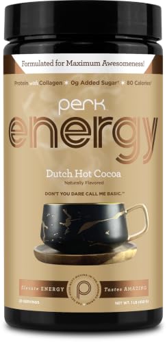 Image of Perk Energy Drink Mix (Dutch Hot Cocoa) 20 Servings, Gluten-Free, Soy-Free | Caffeinated Healthy Coffee Alternative with Protein, 100mg of Caffeine, Peanut-Free