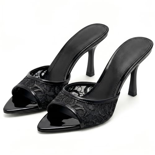 Image of Riekhany High Heel Mules for Women Slip On Open Pointed Toe Classy Patent Leather Stiletto Pumps Formal Slingback Mule Sandals Dress Walking Shoes